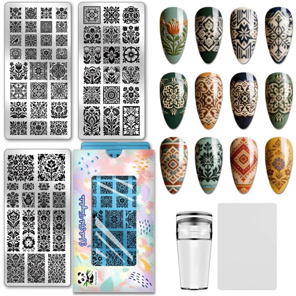 Nail Art Inspo - 3 Stück Blumen-Nagelstempelplatten Vintage-Blumen-Nagelkunst-Vorlagen Botanische Pflanzen-Nageldruck-Schablonen