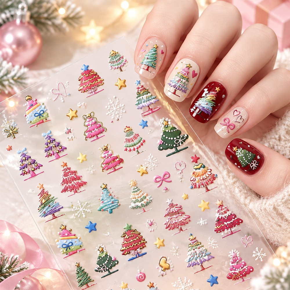 Nail Art Xmas Stickers - 1 Stück Neujahrs-5D-Cartoon-Weihnachtsbaum-Nagelkunst-Aufkleber, geprägte, selbstklebende Weihnachts-Abziehbilder