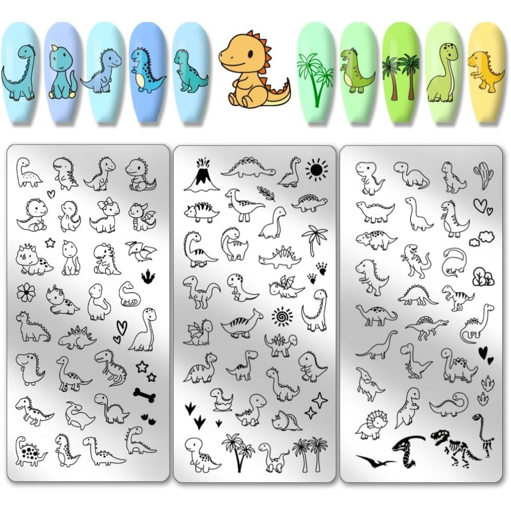 Nail Art Inspo - 3 Stück Dinosaurier-Nagelstempelplatten, niedliche kleine Dinosaurier-Nagelkunst-Vorlagen,
